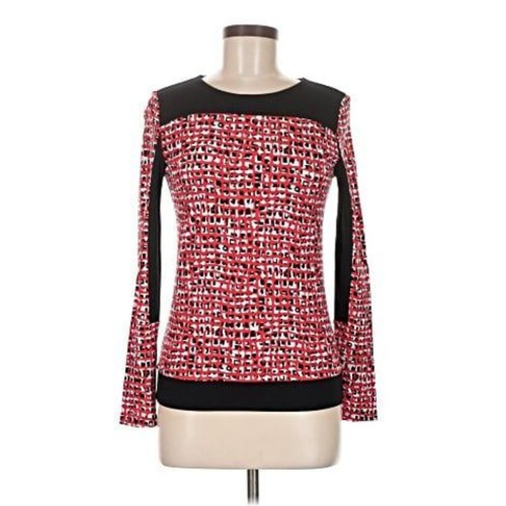 Weekend Max Mara Red Black Geometric Print Long Sleeve Top Contrast Trim